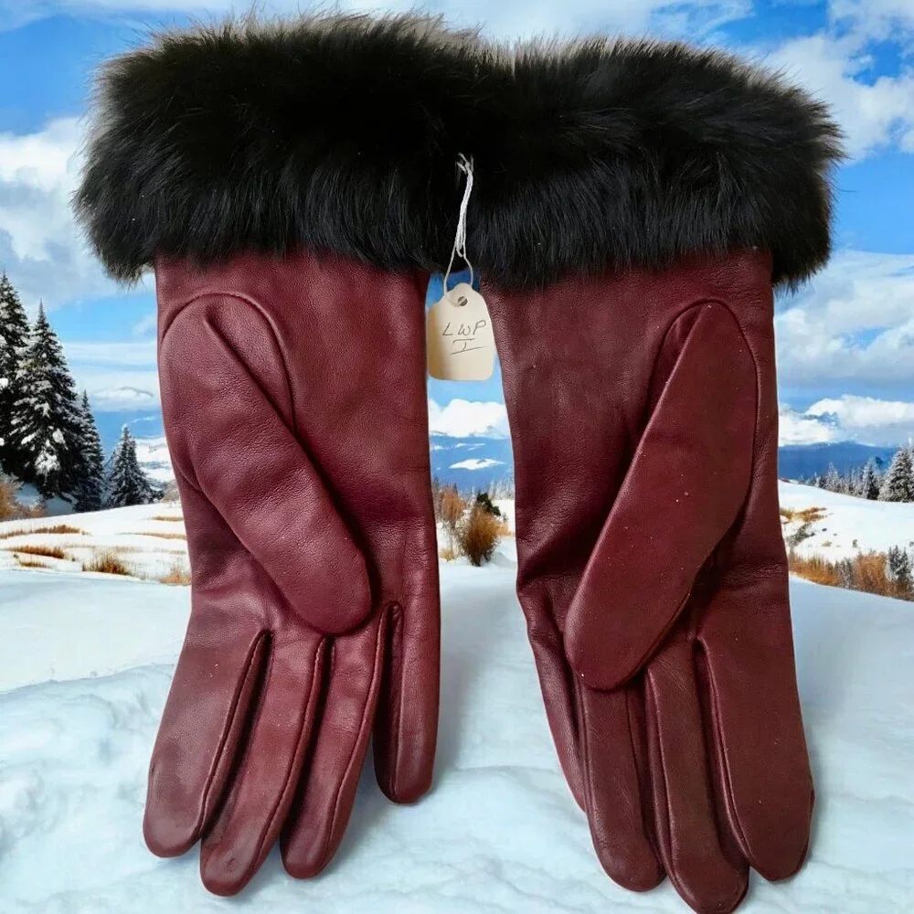 Vintage Leather Gloves Oxblood Brown Acrylic Lining Fur Cuffs Womens Large New